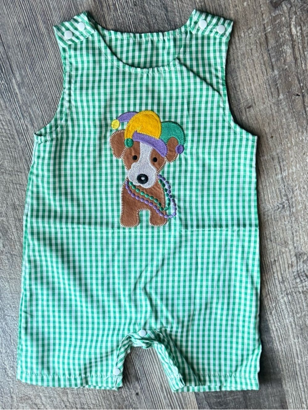 3-6m Green Gingham Mardi Gras‎ Puppy Appliqué Romper